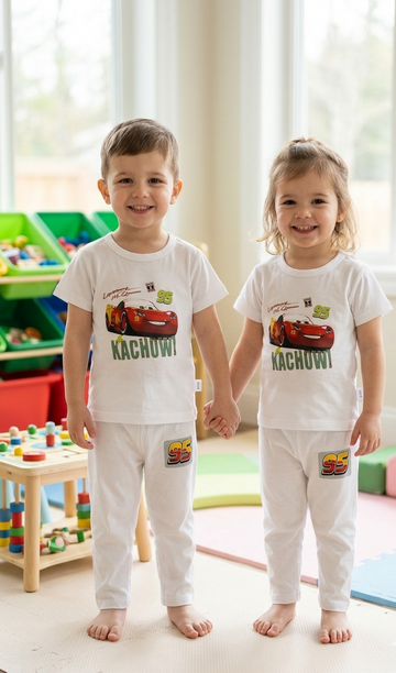 Kids White Cars Graphic 2 Piece Suit – Soft Breathable Jersey T-Shirt & Pajama Set