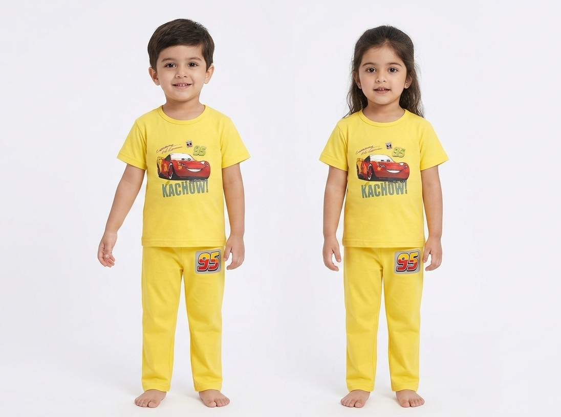 Kids Yellow Cars Character 2-Piece Pajama Set – Breathable Jersey T-Shirt & Pajama Suit