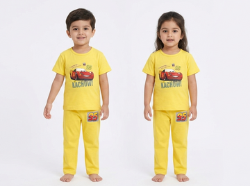 Kids Yellow Cars Character 2-Piece Pajama Set – Breathable Jersey T-Shirt & Pajama Suit