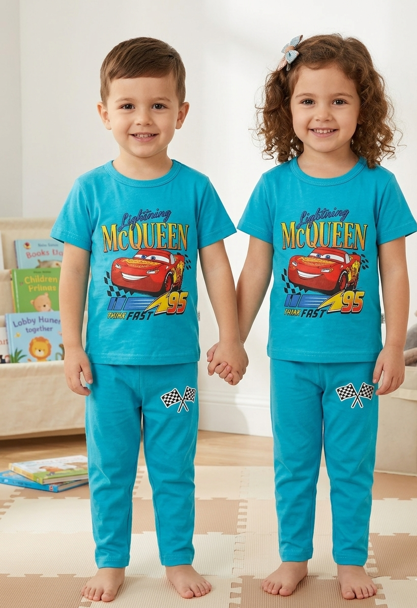 Kids Teal Cars Graphic 2 Piece Suit – Soft Breathable Jersey T-Shirt & Pajama Set