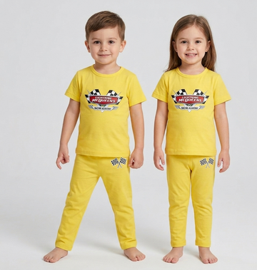 Kids Yellow Racing Graphic 2 Piece Suit – Soft Breathable Jersey T-Shirt & Pajama Set