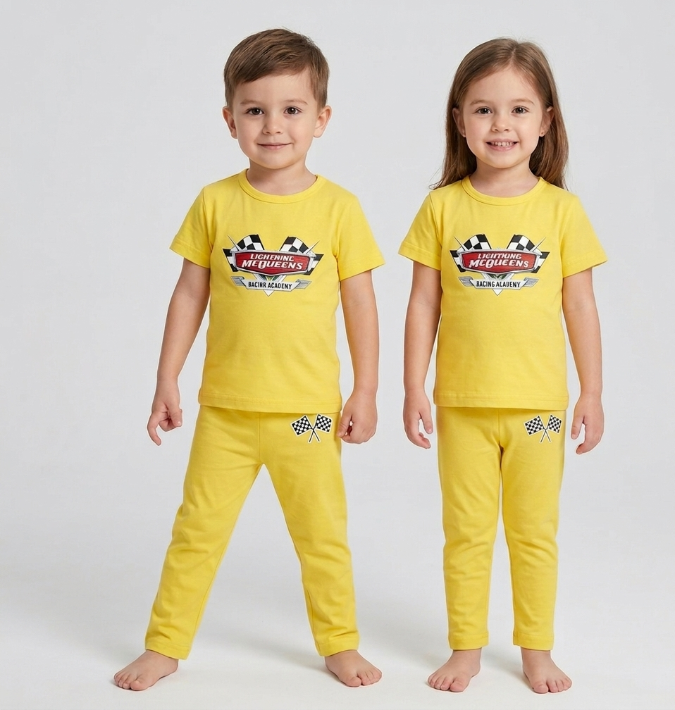 Kids Yellow Racing Graphic 2 Piece Suit – Soft Breathable Jersey T-Shirt & Pajama Set