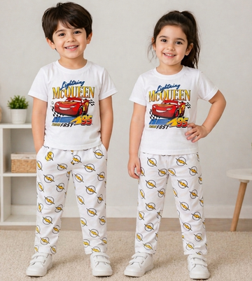 Kids White Cars Graphic 2 Piece Suit – Soft Breathable Jersey T-Shirt & Printed Pajama Set