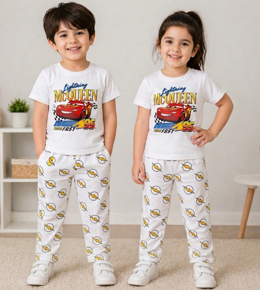 Kids White Cars Graphic 2 Piece Suit – Soft Breathable Jersey T-Shirt & Printed Pajama Set