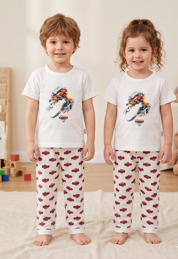 Kids White Cars Printed 2 Piece Suit – Soft Breathable Jersey T-Shirt & Pajama Set