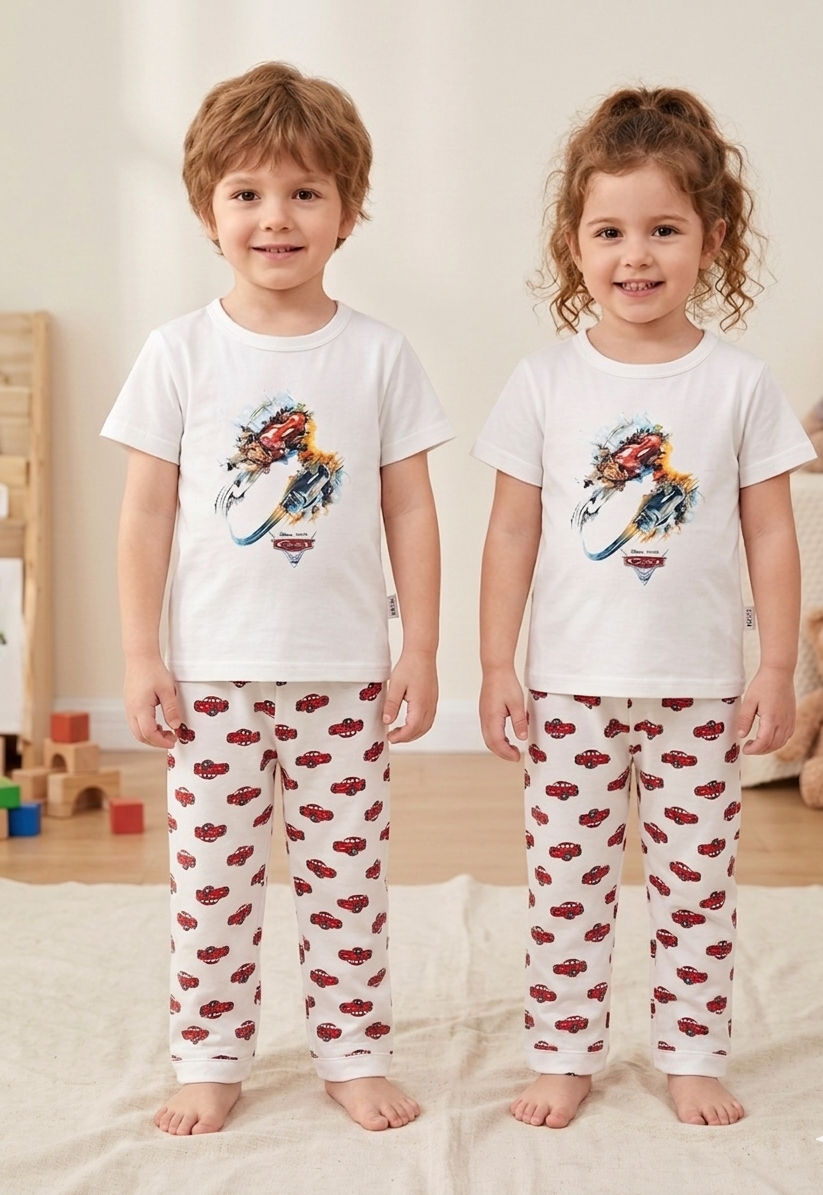 Kids White Cars Printed 2 Piece Suit – Soft Breathable Jersey T-Shirt & Pajama Set