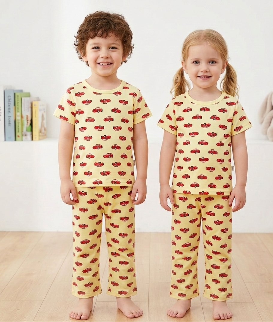 Kids Yellow Cars All Over Print 2 Piece Suit – Soft Breathable Jersey T-Shirt & Pajama Set