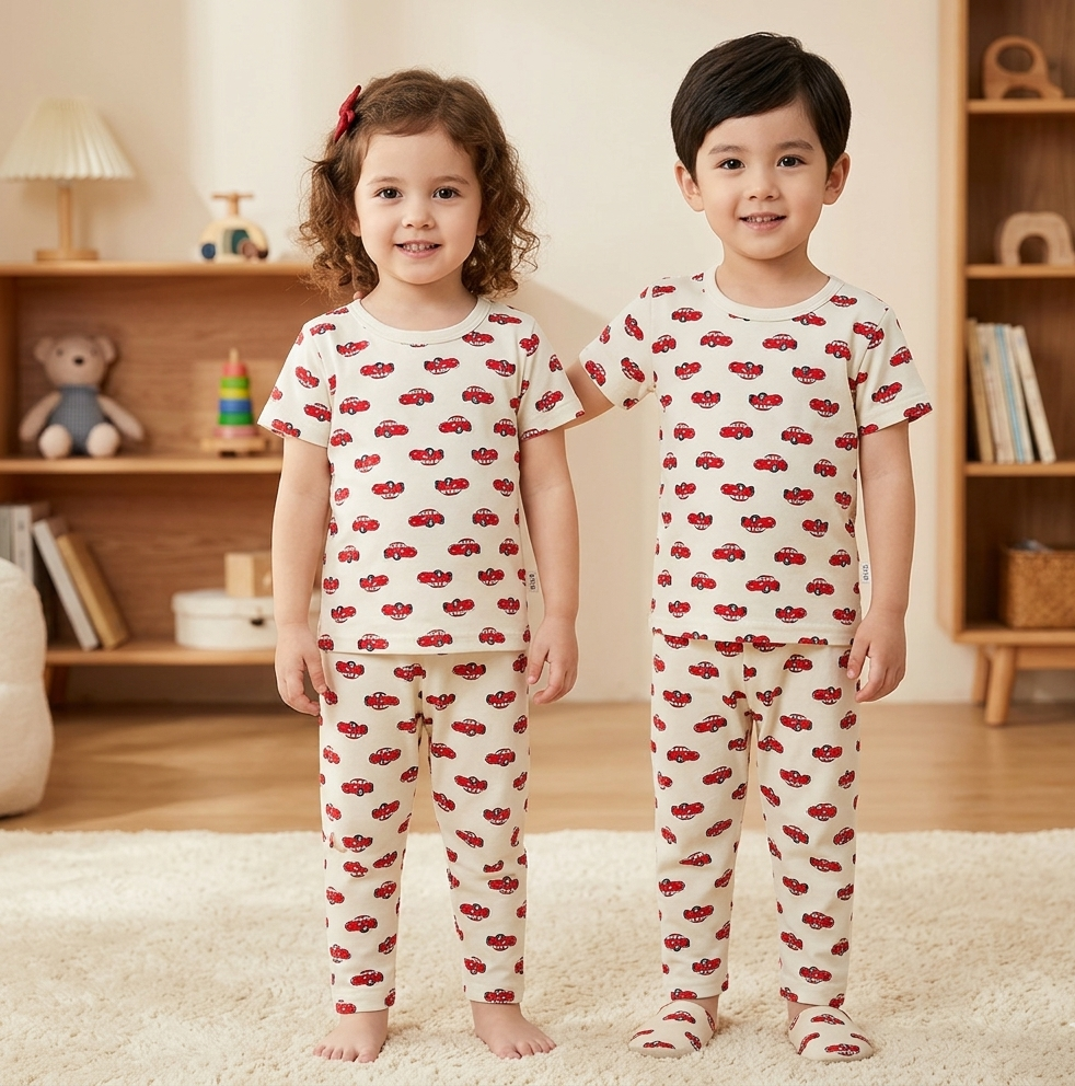 Kids Beige Cars All Over Print 2 Piece Suit – Soft Breathable Jersey T-Shirt & Pajama Set