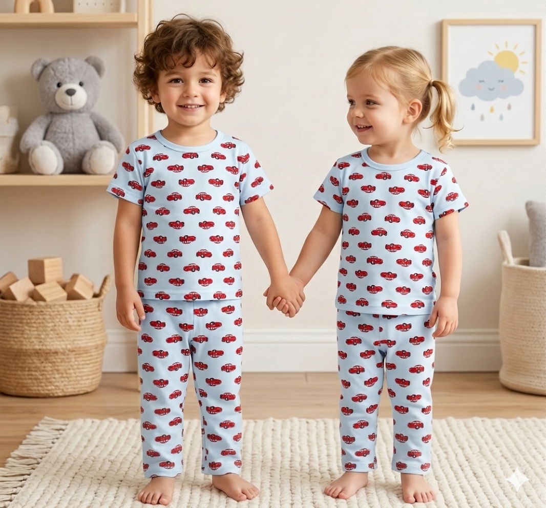 Kids Sky Blue Cars All Over Print 2 Piece Suit – Soft Breathable Jersey T-Shirt & Pajama Set