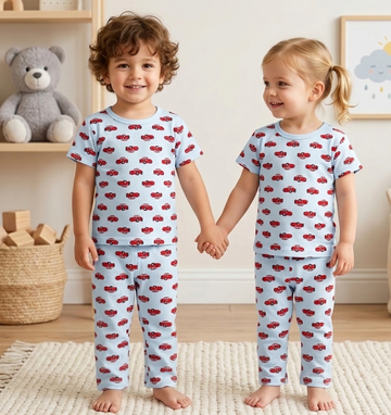 Kids Sky Blue Cars All Over Print 2 Piece Suit – Soft Breathable Jersey T-Shirt & Pajama Set