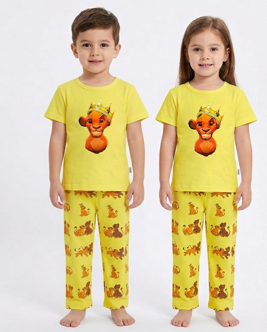 Kids Lion King 2-Piece Cotton Pajama Set - Vibrant Yellow Unisex T-Shirt and Lounge Pants
