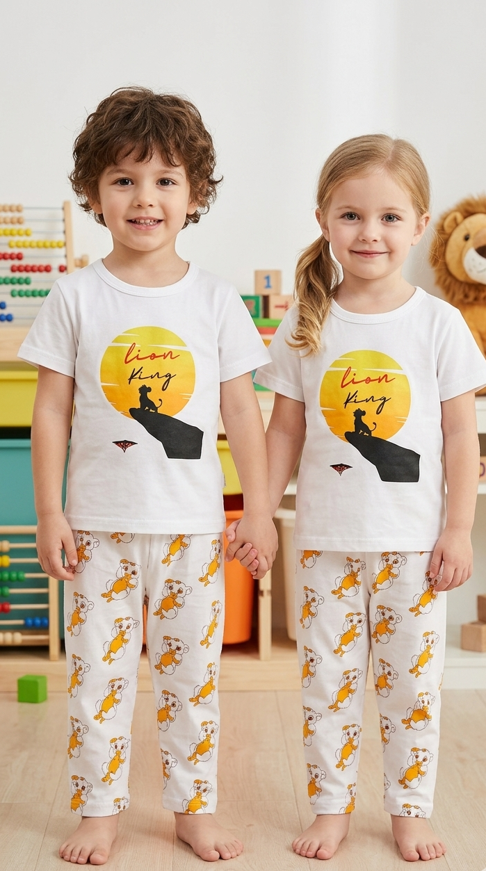 Kids White Lion King Graphic 2 Piece Suit – Soft Breathable Jersey T-Shirt & Printed Pajama Set