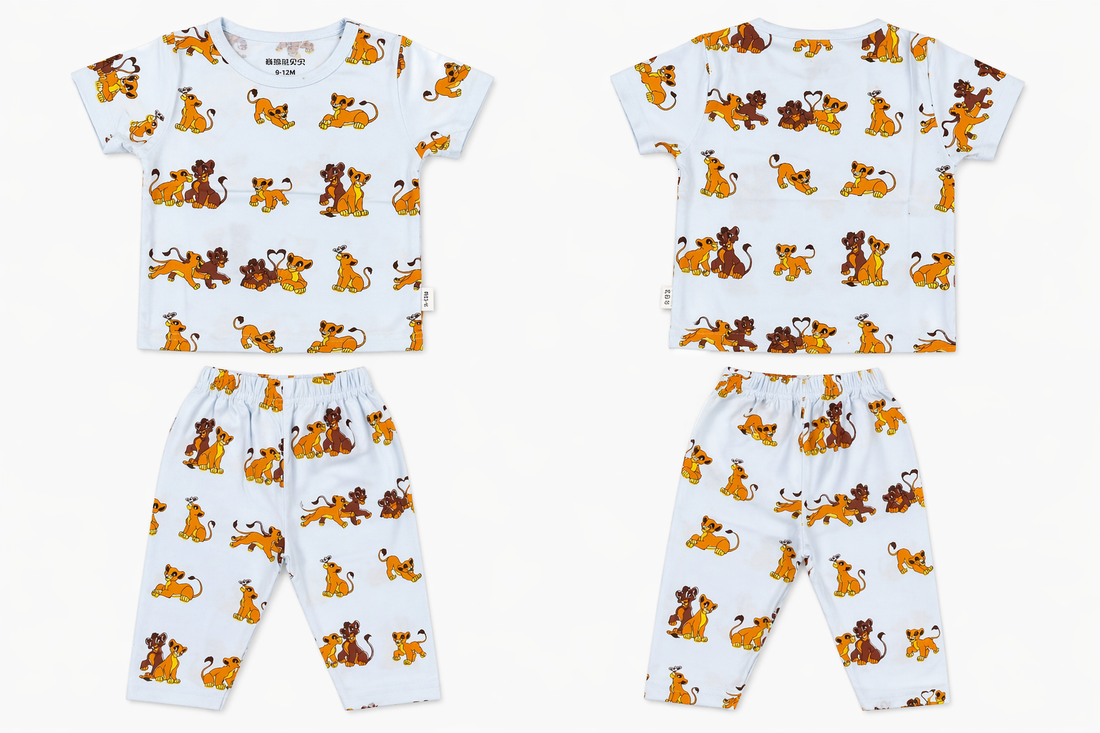 Kids Sky Blue Lion Print 2 Piece Suit – Soft Breathable Jersey T-Shirt & Pajama Set