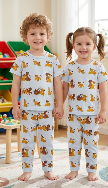Kids Sky Blue Lion Print 2 Piece Suit – Soft Breathable Jersey T-Shirt & Pajama Set