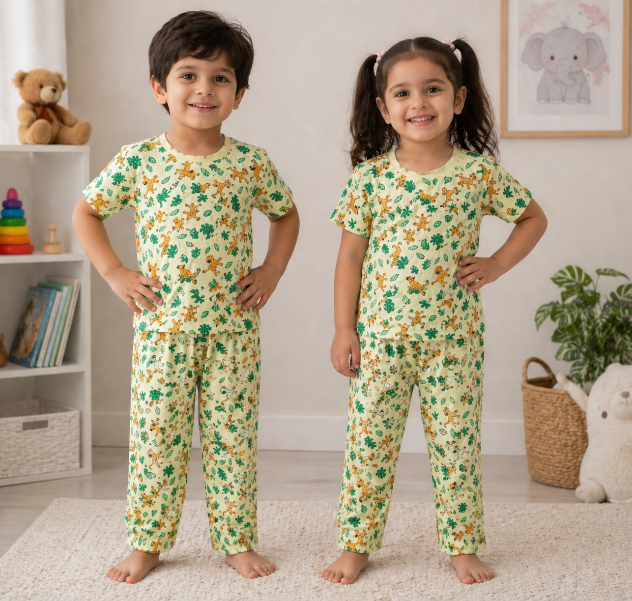 Kids Light Yellow Jungle Print 2 Piece Suit – Soft Breathable Jersey T-Shirt & Pajama Set