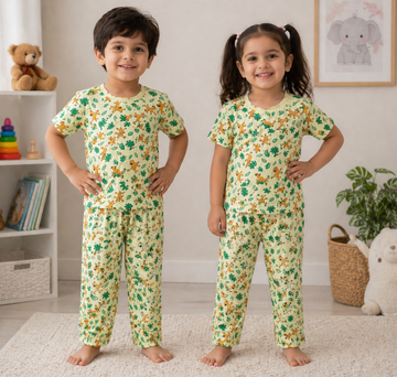 Kids Light Yellow Jungle Print 2 Piece Suit – Soft Breathable Jersey T-Shirt & Pajama Set