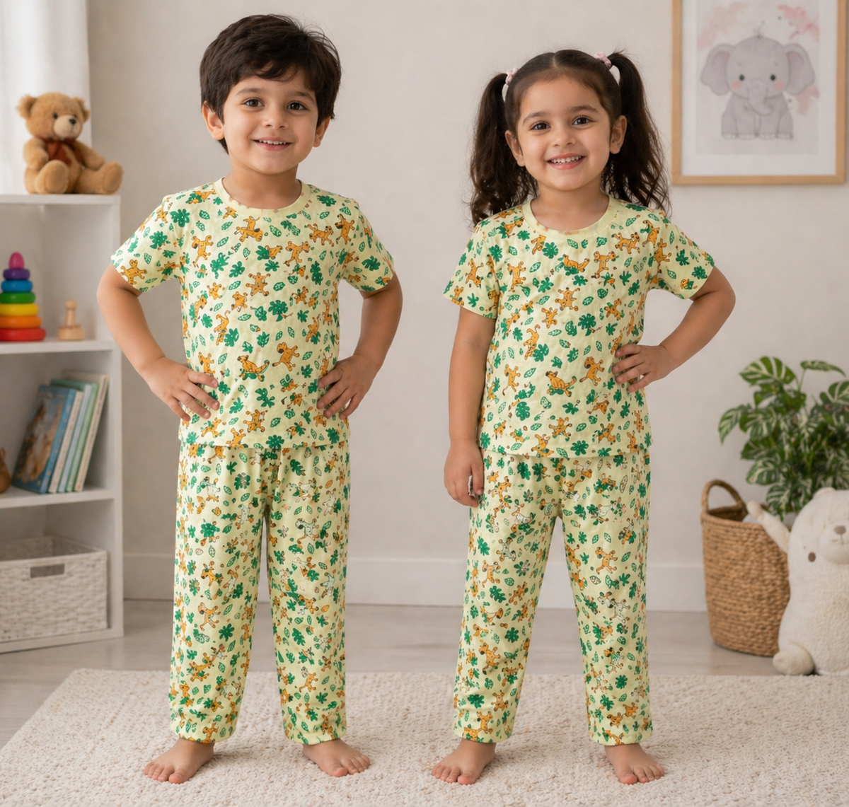 Kids Light Yellow Jungle Print 2 Piece Suit – Soft Breathable Jersey T-Shirt & Pajama Set