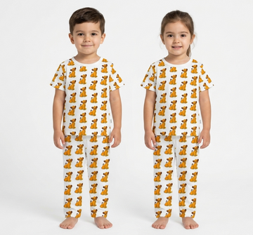 Kids White Lion Print 2 Piece Suit – Soft Breathable Jersey T-Shirt & Pajama Set