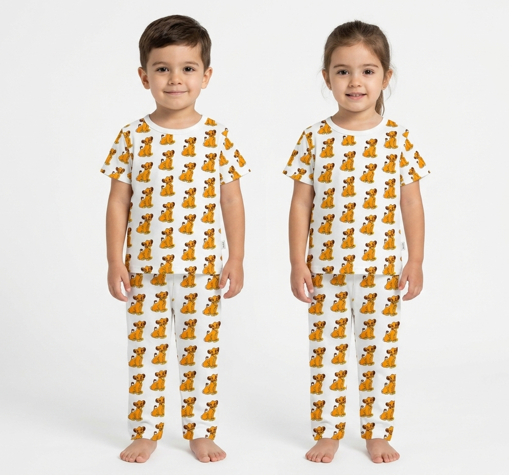 Kids White Lion Print 2 Piece Suit – Soft Breathable Jersey T-Shirt & Pajama Set