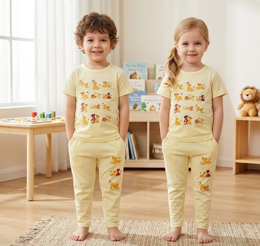 Kids Light Yellow Lion Graphic 2 Piece Suit – Soft Breathable Jersey T-Shirt & Pajama Set