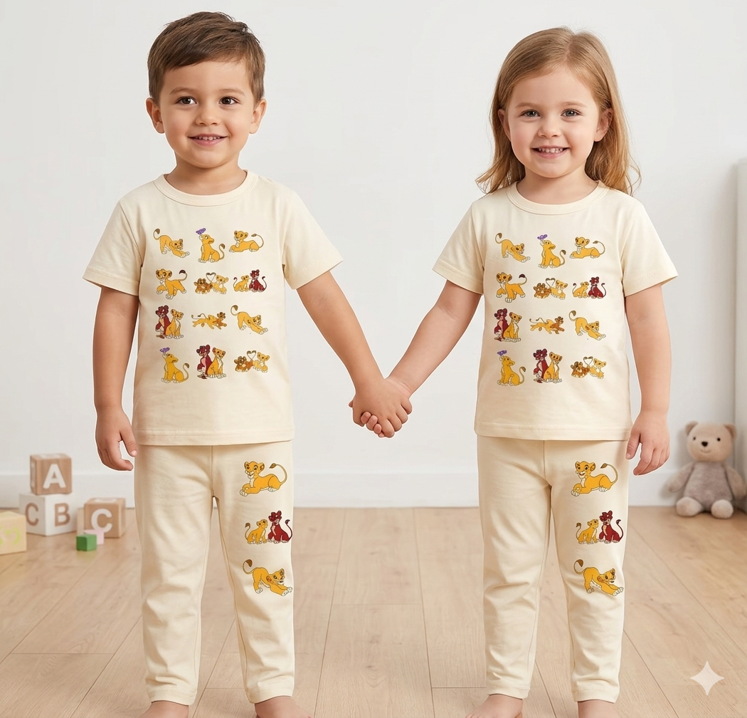 Kids Cream Lion Graphic 2 Piece Suit – Soft Breathable Jersey T-Shirt & Pajama Set