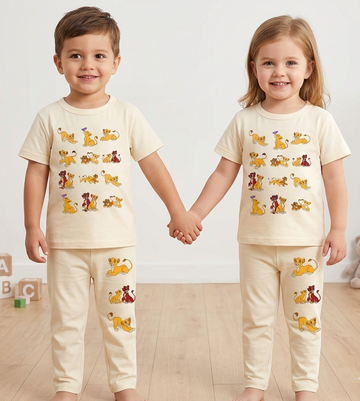 Kids Cream Lion Graphic 2 Piece Suit – Soft Breathable Jersey T-Shirt & Pajama Set