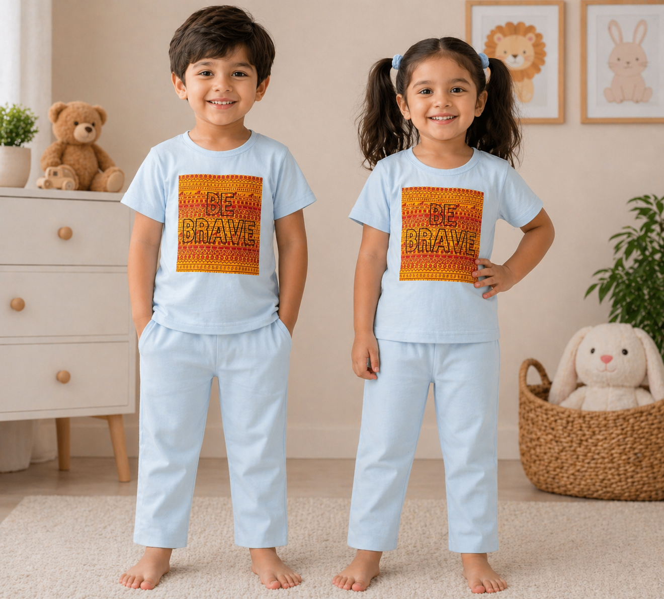 Kids Sky Blue Be Brave Graphic 2 Piece Suit – Soft Breathable Jersey T-Shirt & Pajama Set