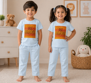 Kids Sky Blue Be Brave Graphic 2 Piece Suit – Soft Breathable Jersey T-Shirt & Pajama Set