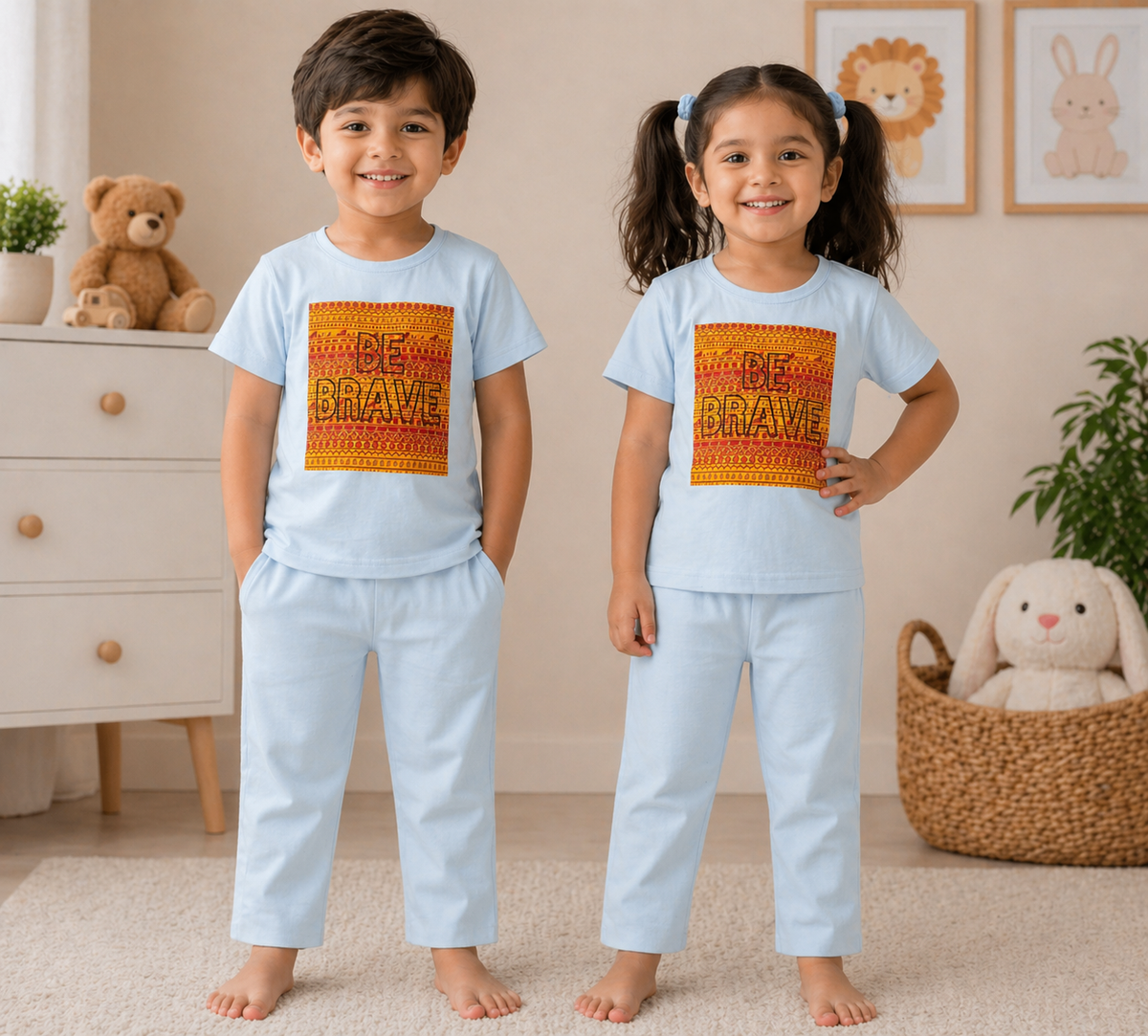Kids Sky Blue Be Brave Graphic 2 Piece Suit – Soft Breathable Jersey T-Shirt & Pajama Set