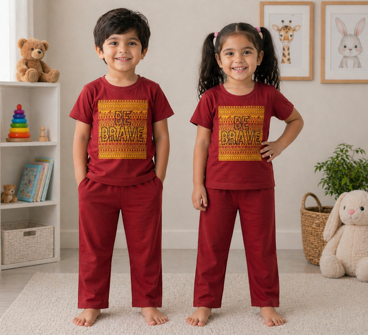 Kids Red Be Brave Graphic 2 Piece Suit – Soft Breathable Jersey T-Shirt & Pajama Set