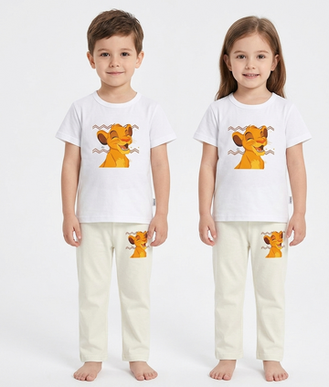 Title: Kids Lion King 2-Piece Lounge Set - White T-Shirt and Cream Pajama Pants