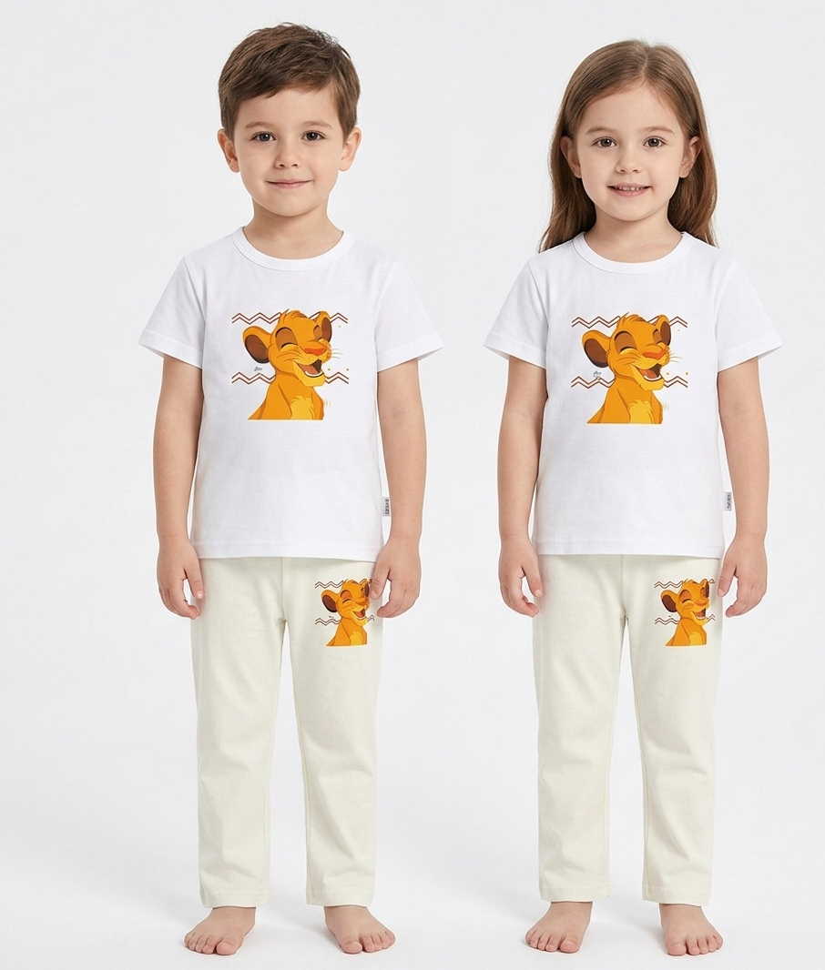 Title: Kids Lion King 2-Piece Lounge Set - White T-Shirt and Cream Pajama Pants