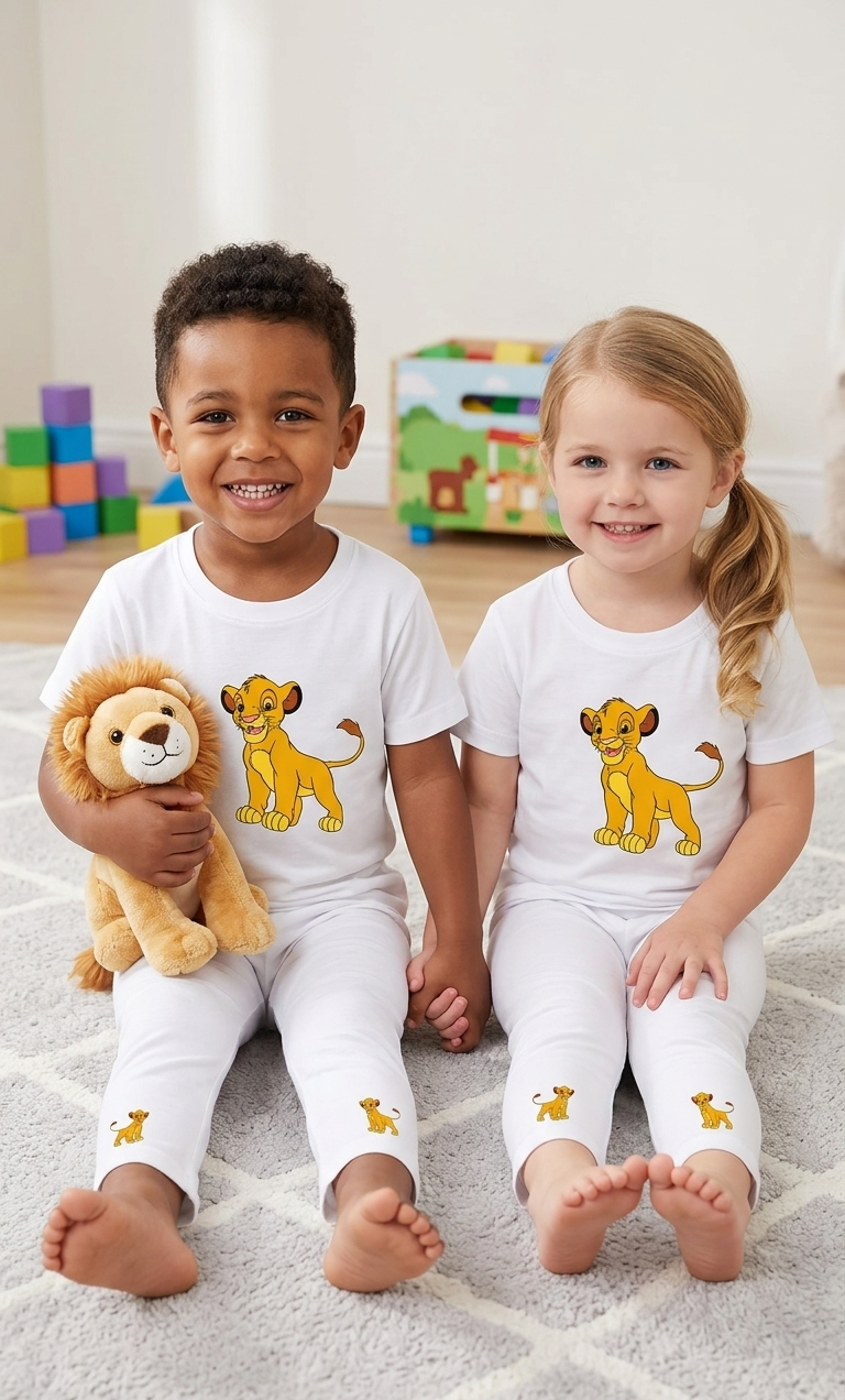 Kids White Lion Character 2 Piece Suit – Soft Breathable Jersey T-Shirt & Pajama Set