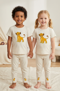 Kids Beige Lion Character 2 Piece Suit – Soft Breathable Jersey T-Shirt & Pajama Set