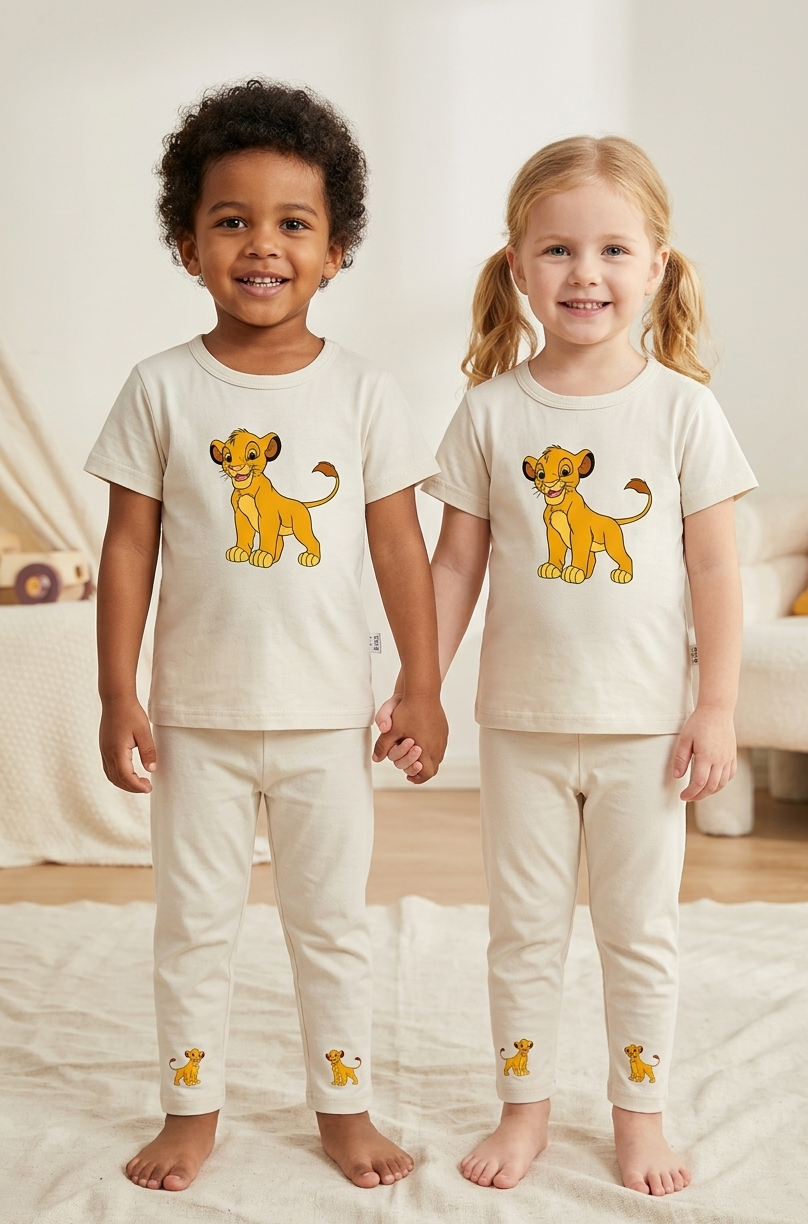 Kids Beige Lion Character 2 Piece Suit – Soft Breathable Jersey T-Shirt & Pajama Set