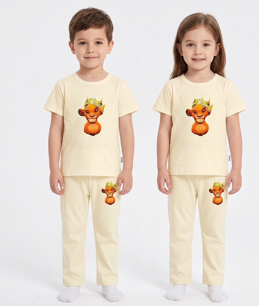 Kids Lion King 2-Piece Loungewear Co-Ord Set - Premium Cream Unisex T-Shirt and Pajamas