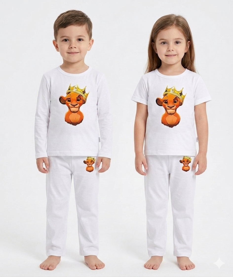 Kids White Lion King Crown Graphic 2 Piece Suit – Soft Breathable Jersey T-Shirt & Pajama Set