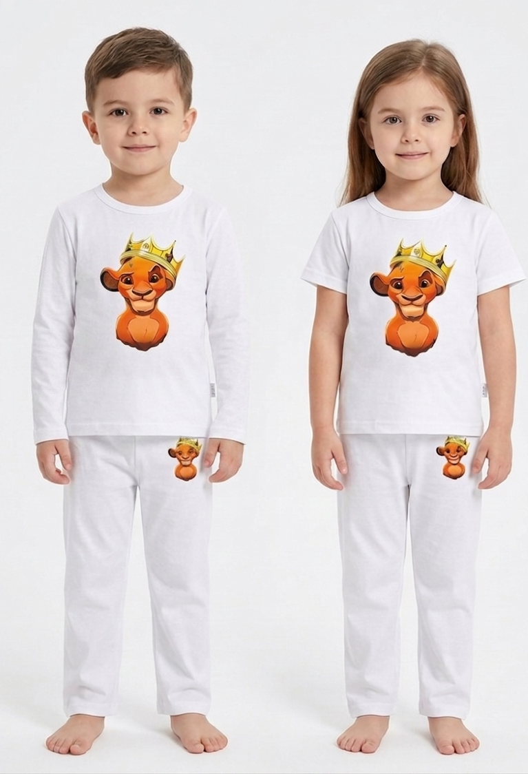 Kids White Lion King Crown Graphic 2 Piece Suit – Soft Breathable Jersey T-Shirt & Pajama Set