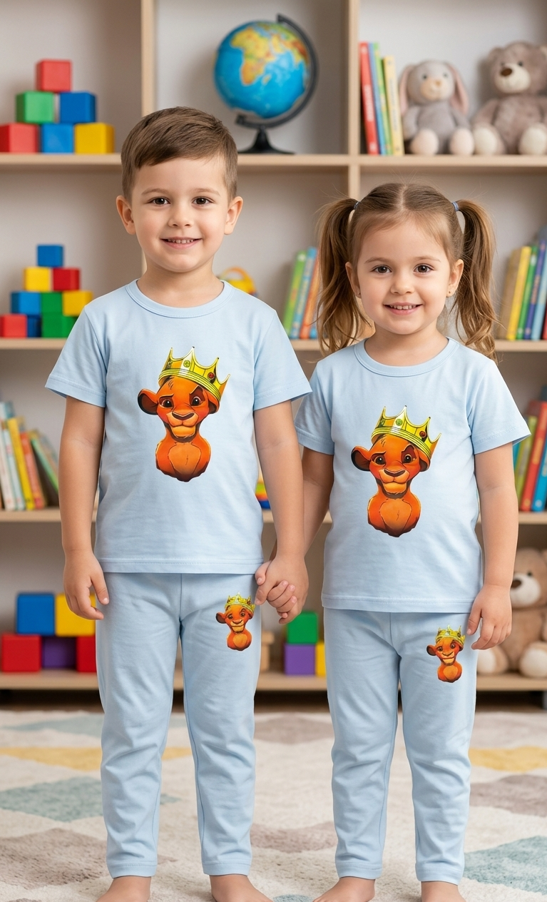 Kids Sky Blue Lion King Crown Graphic 2 Piece Suit – Soft Breathable Jersey T-Shirt & Pajama Set