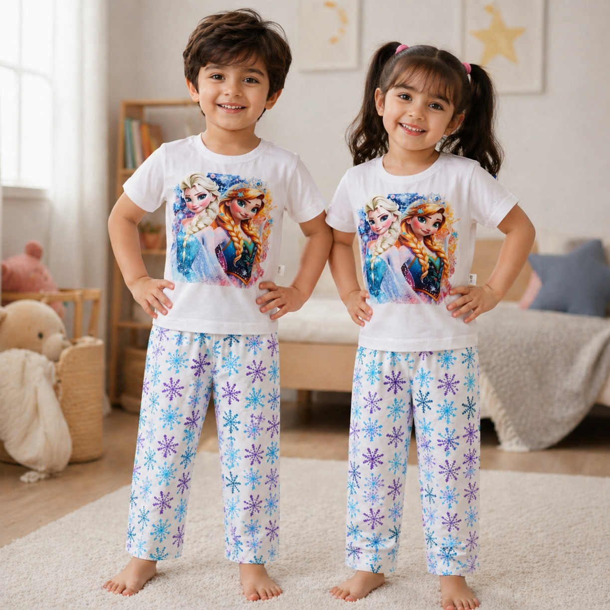 Kids White Princess Graphic 2 Piece Suit – Soft Breathable Jersey T-Shirt & Printed Pajama Set