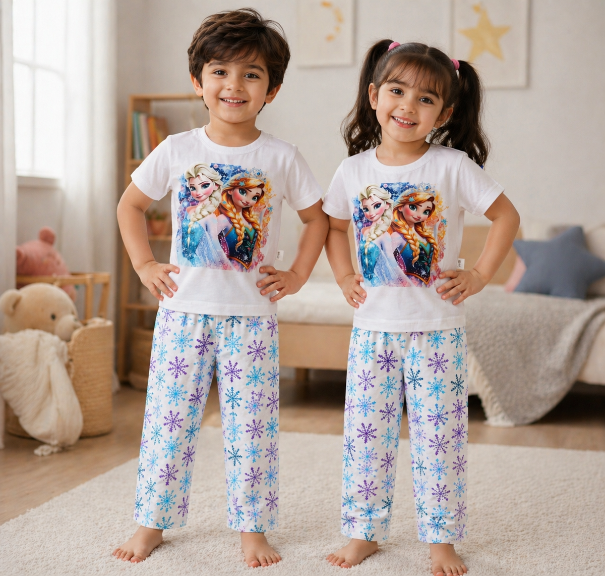 Kids White Princess Graphic 2 Piece Suit – Soft Breathable Jersey T-Shirt & Printed Pajama Set