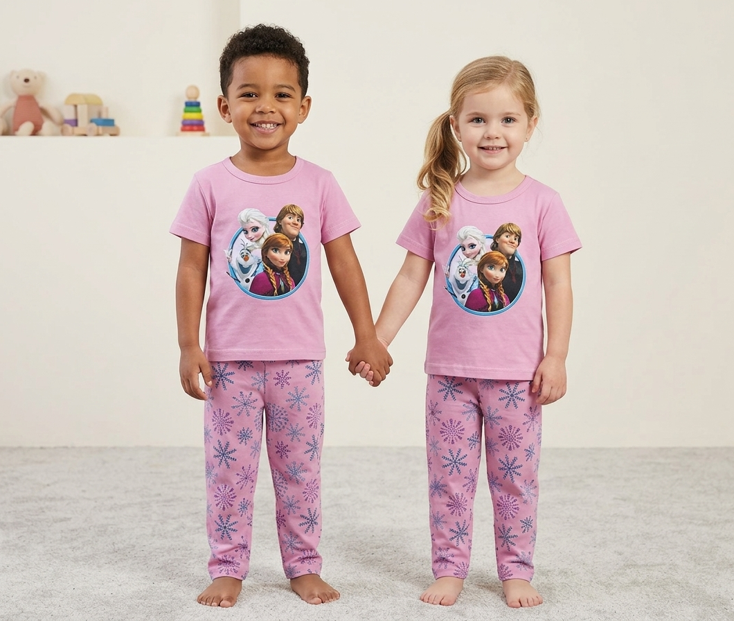 Kids Pink Princess Print 2 Piece Suit – Soft Breathable Jersey T-Shirt & Snowflake Pajama Set