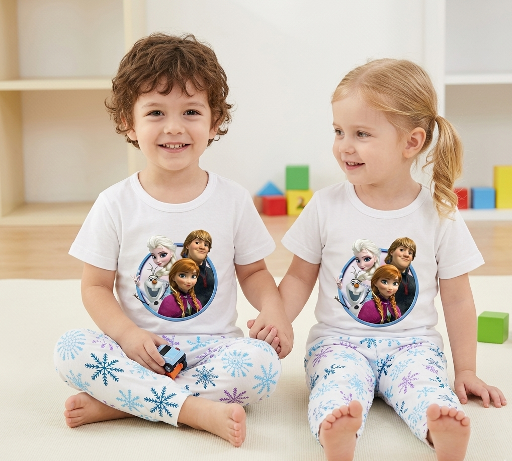 Kids White Cartoon Character 2 Piece Suit – Soft Breathable Jersey T-Shirt & Snowflake Pajama Set