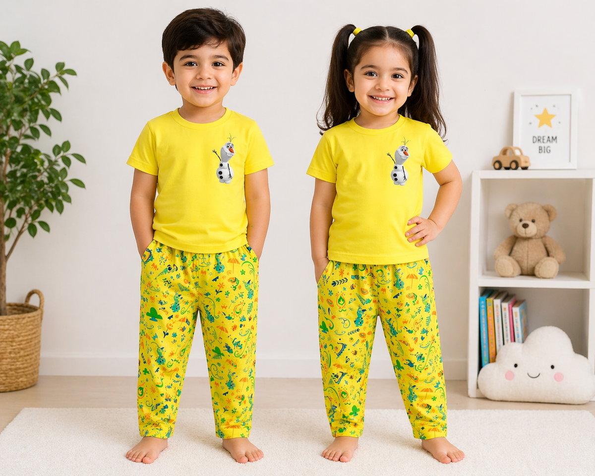 Kids Yellow Cartoon Print 2 Piece Suit – Soft Breathable Jersey T-Shirt & Pattern Pajama Set