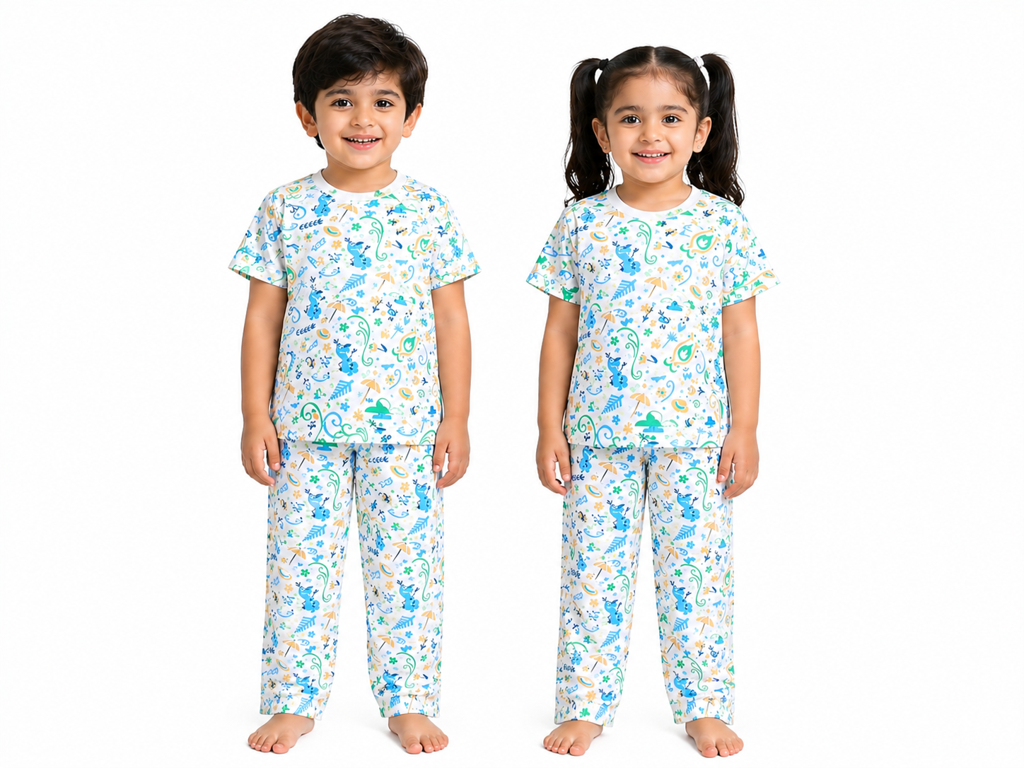 Kids White Dino Print 2 Piece Suit – Soft Breathable Jersey T-Shirt & Pajama Set