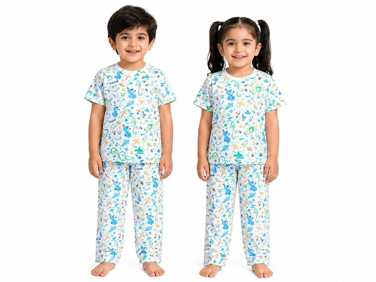 Kids White Dino Print 2 Piece Suit – Soft Breathable Jersey T-Shirt & Pajama Set