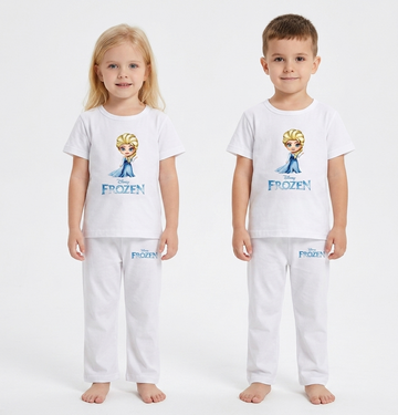 Kids Disney Frozen Elsa 2-Piece Loungewear Co-Ord Set - White Unisex T-Shirt and Pajamas