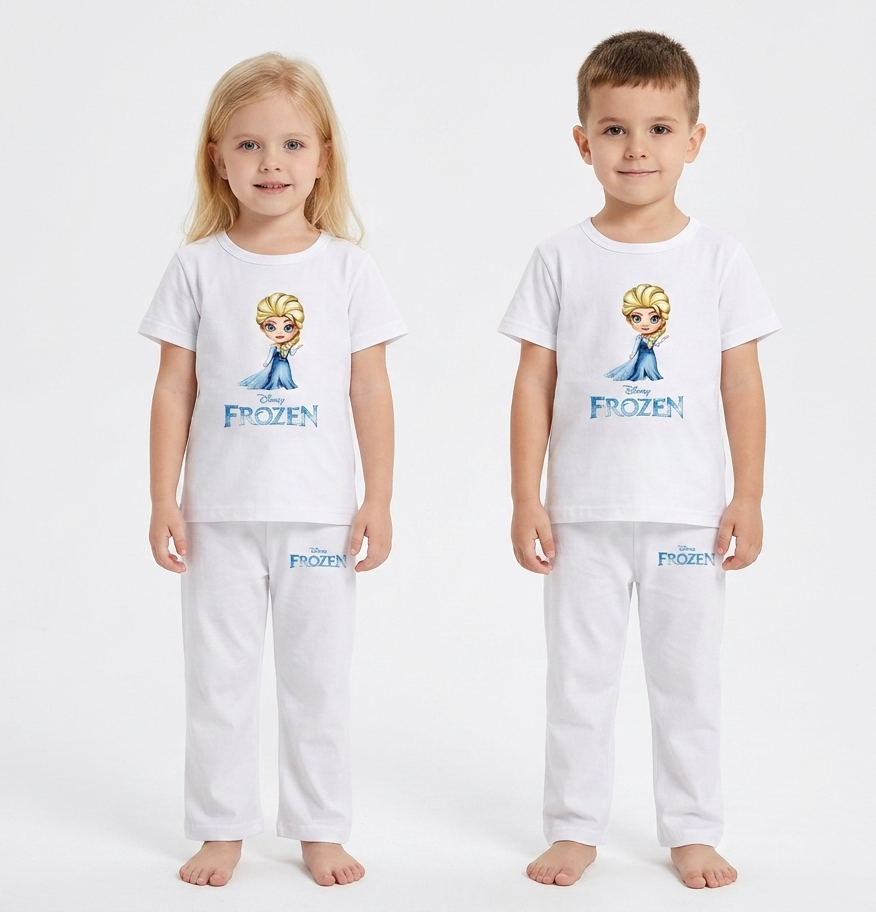 Kids Disney Frozen Elsa 2-Piece Loungewear Co-Ord Set - White Unisex T-Shirt and Pajamas
