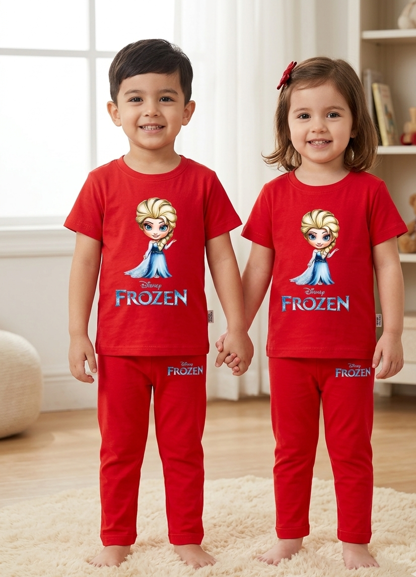 Kids Red Princess Graphic 2 Piece Suit – Soft Breathable Jersey T-Shirt & Pajama Set