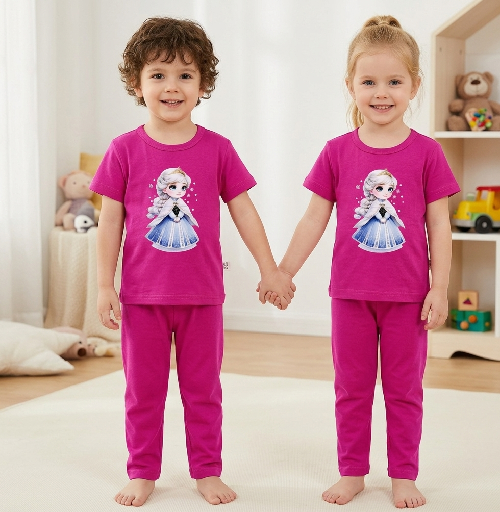 Kids Pink Princess Graphic 2 Piece Suit – Soft Breathable Jersey T-Shirt & Pajama Set
